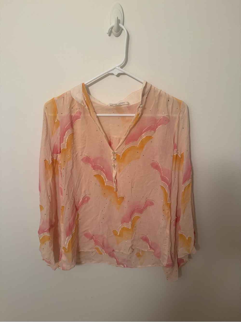 Marc Jacobs Collection Pink and Yellow Printed silk Blouse with crystals 4